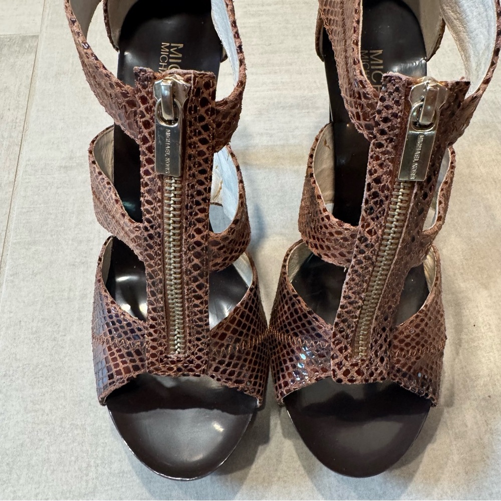 Michael Kors Snakeskin Leather/ Textile outsole/ 4" Heels/ Zipper Up Sandal - Picture 8 of 11